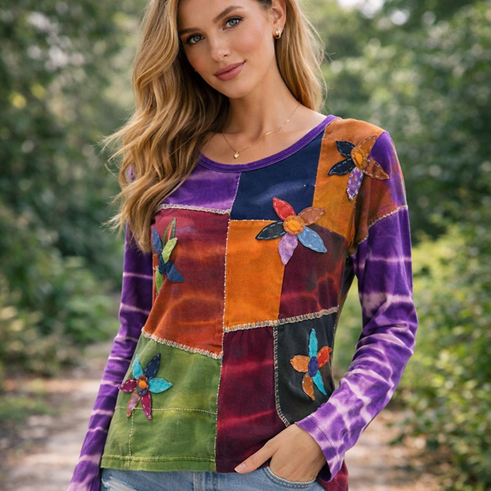 KPC Boho Patchwork Long Sleeve Tunic Top Women’s S Tie Dye Fairycore Cottagecore